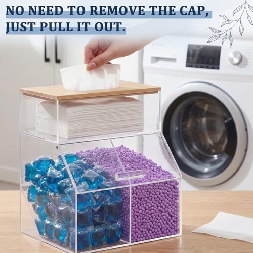 Juexica 3 in 1 Acrylic Laundry Containers for Organizing with Bamboo Lid