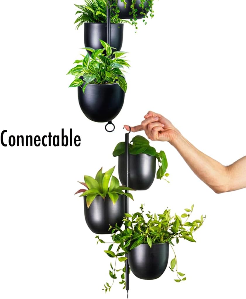 3-Tier Metal Hanging Planter with 6 Inch Oval Pots - Black Modern Triple Tier...