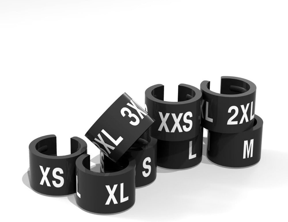 Black Garment Hanger Clips, White Print, 400 Pcs, XXS-XXXL, 50 Each Size