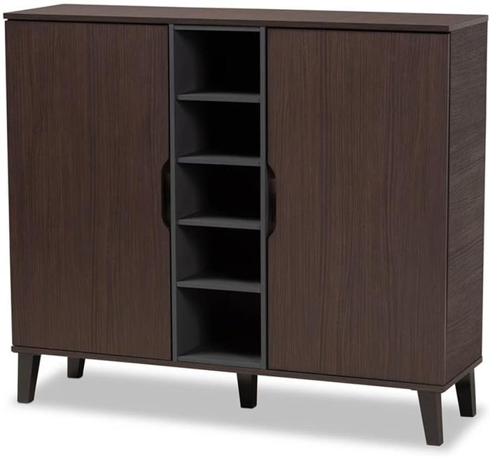 BOWERY HILL Mid-Century Modern 2-Door Shoe Cabinet, Two-Tone Dark Brown and Grey Finished Wood, Storage for 25 Pairs, 5 Open Shelves, 10 Enclosed Shelves, Splayed Legs, Entryway Organizer