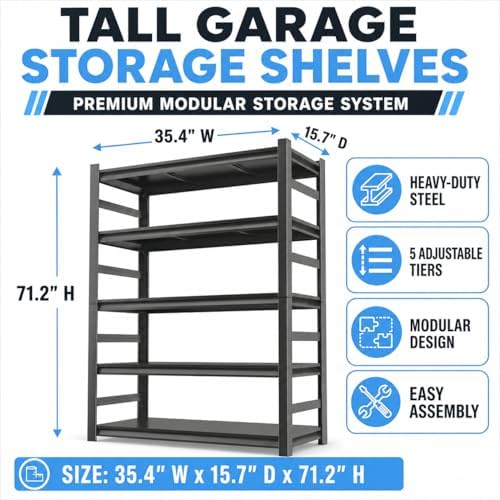 Heavy Duty Garage Shelving, 5 Tier Storage Shelves, 2500 LBS Adjustable Indus...