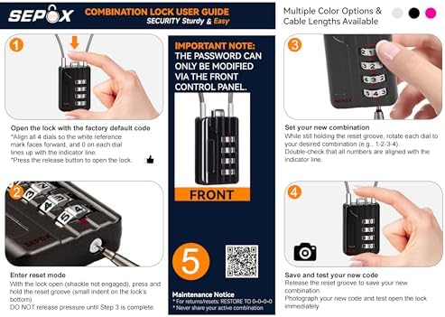 SEPOX® 12PK Metal Combo Padlock, Resettable 4-Digit, Extra Long Cable 12.5"