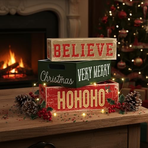 3 Pcs Christmas Wood Crate with Words Merry Christmas Believe