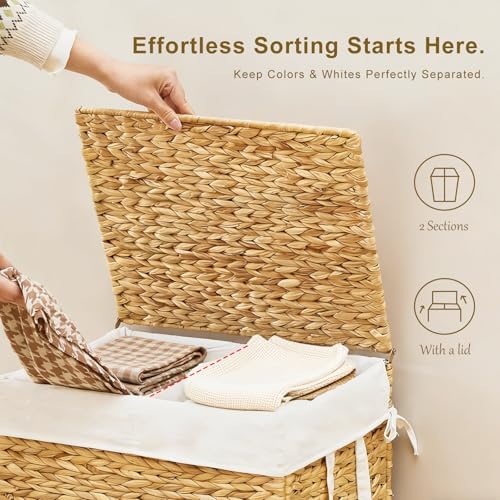 2-Section Laundry Hamper with Lid, Large Capacity Woven Natural Water Hyacint...