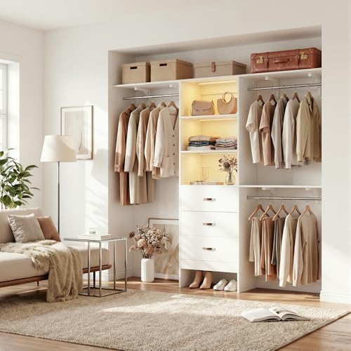 iSunirm 96" Wall Mounted Closet System with LED, Walk-In Style Wood Clos...