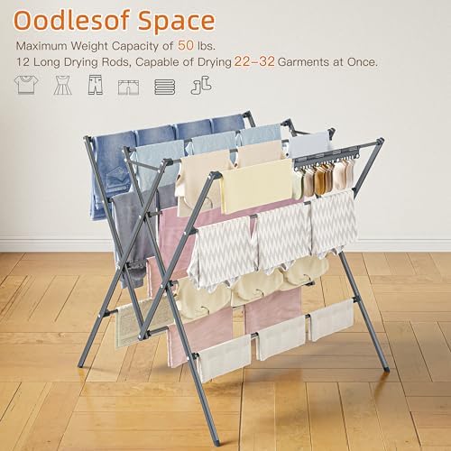 Drying Rack Clothing,12 Drying Poles with Sock Clips Clothes Drying Rack