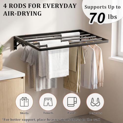 Wall Mounted Clothes Drying Rack, Foldable, 70 lbs Capacity, 30 Inch, Black