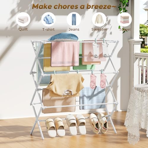 KINGBOARD Clothes Drying Rack, 3-Tier Foldable Extendable, White