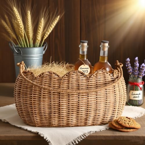 Scalloped Round Basket with Handle, Super Sturdy Wicker Storage Baskets, Hand...