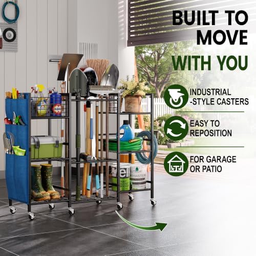 keomaisyto 3-Sided Garden Tool Organizer with Wheels, Garage Storage Rack