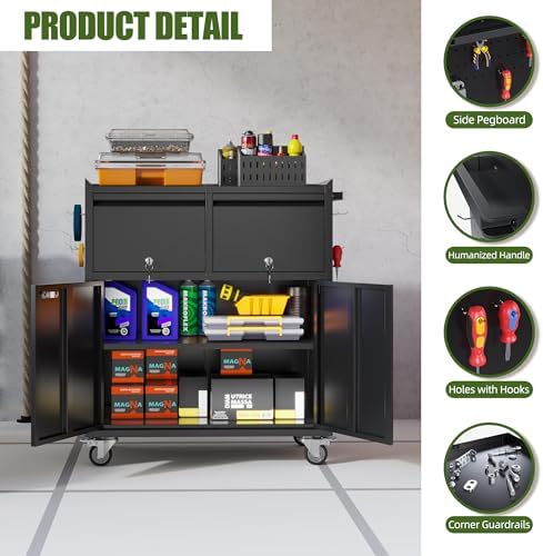 Aobabo Rolling Metal Garage Cabinet with 2 Drawers, Lock and Pegboard