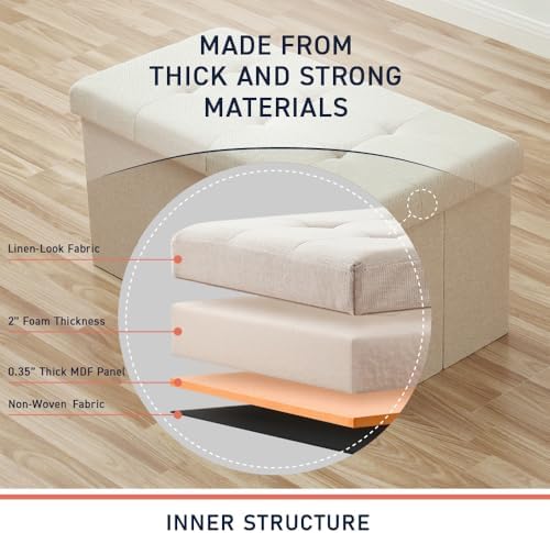 Ornavo Home 30 Inch Folding Storage Ottoman Bench, Tufted Linen, Beige
