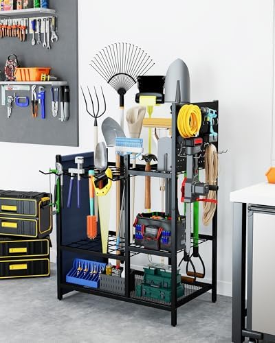 Garden Tool Organizer with Pegboard, Yard Tool Holder Standing for Garage Org...