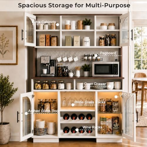 71" Tall Pantry Cabinet with Charging Station, LED Lights & Microwav...