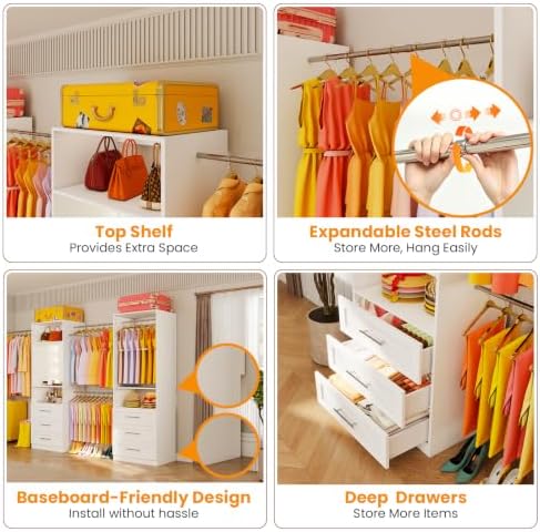 Closet System with Drawers, 2FT–9FT Closet Organizer System with 4 Adjustable...