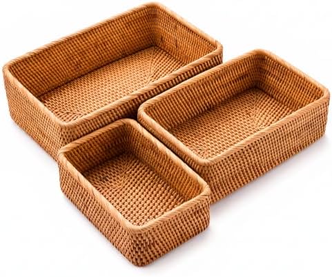 ZENFUN 3 Pack Natural Rattan Storage Baskets, Rectangular Woven Fruit Baskets...
