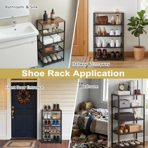 5 Tier Narrow Shoe Rack with Wood Top, Metal Shoe Organizer