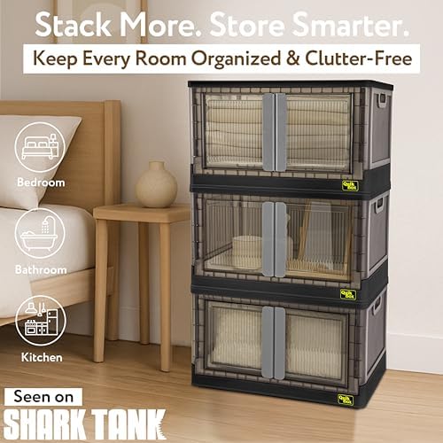 Quik Box - 19 Gallon 3 Pack Stackable Storage Bins with Doors, Collapsible Or...