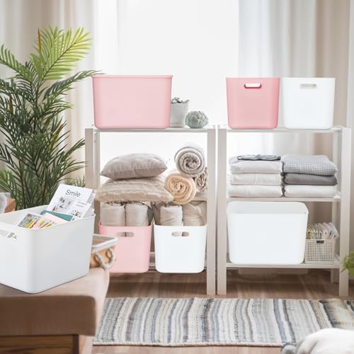 Hoolerry 8 Pieces Storage Bins, 14.2 x 10.2 x 9.5 Inch, White and Pink