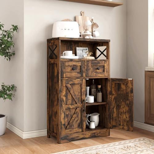 Farmhouse Storage Cabinet with Drawers, Small Kitchen Pantry Cabinet, Brown