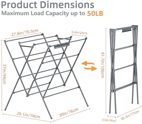 Drying Rack Clothing,12 Drying Poles with Sock Clips Clothes Drying Rack
