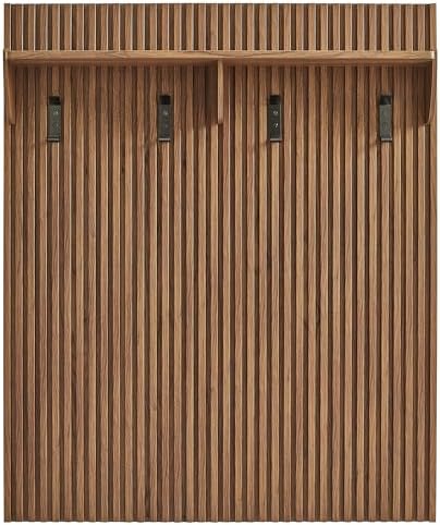 Modway Render Modern Fluted Wood Coat Rack Panel in Walnut with Shelf and Hoo...