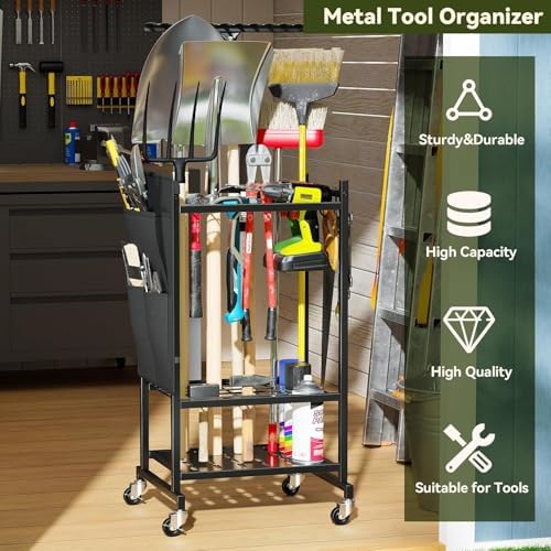 Garden Tool Organizer with Wheels, Rolling Yard Tool Tower Rack Carts for Gar...
