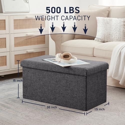 Ornavo Home 30 Inch Folding Storage Ottoman Bench, Tufted Linen, Dark Gray