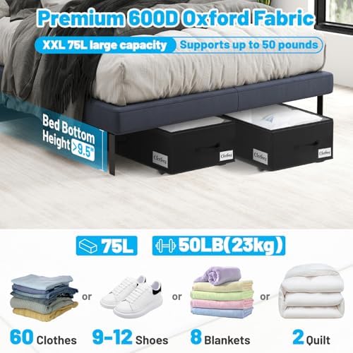 Under Bed Storage with Wheels, 4-Pack 10" Height XXL 75L Rolling Storage...