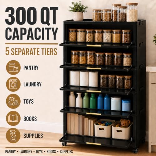 300QT Foldable Storage Cabinet with Doors and Locking Wheels, 5-Tier Heavy-Du...