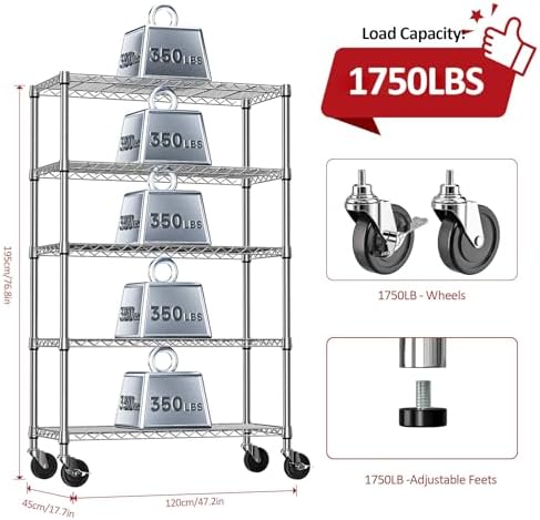 IZEUK 5-Tier Storage Shelving Unit with Wheels, Adjustable Heavy Duty Steel W...