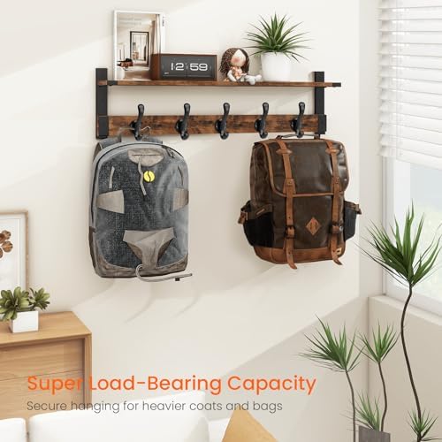Homode Coat Rack Wall Mount, 29 Inch Long Shelf with Hooks, Rustic Brown