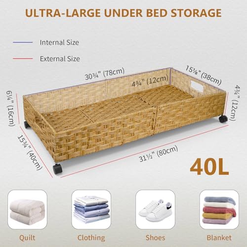 Under Bed Storage Containers with Wheels, 31.5” Large Handwoven Rattan Rollin...