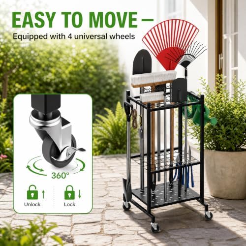 Garden Tool Organizer with Wheels, Garage Tool Organizer for Garage Storage