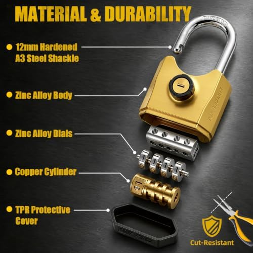 Heavy Duty Combination Padlock with Key, Large Weatherproof Zinc Alloy Padloc...