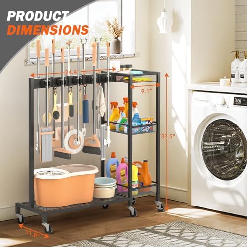 Broom Holder with Cleaning Supplies Organizer, Broom Closet Storage Cabinet w...