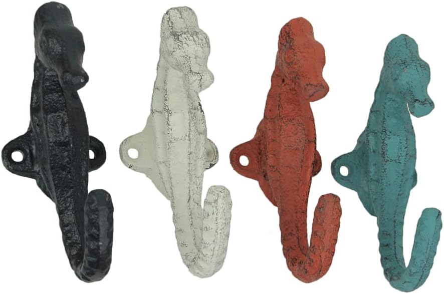 Zeckos Set of 4 Coastal Seahorse Decorative Wall Hooks, 5 Inch Coral Orange