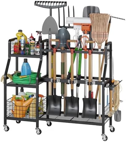 keomaisyto Heavy-Duty Garden Tool Organizer with 6 Wheels and 2 Baskets