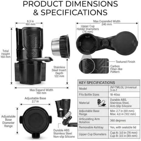 3 in 1 Car Cup Holder Expander with Removable Automotive Ashtray, Adjustable ...