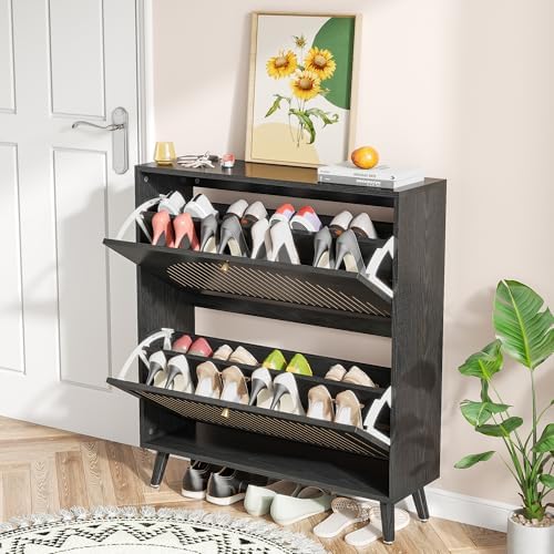 Fsbecl Shoe Storage Cabinet for Entryway with 2 Fluted Flip Drawers,Black