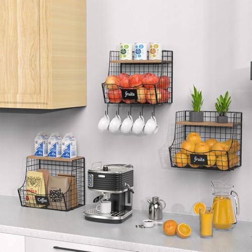 3 Pack wire Fruit Basket for Kitchen with Wood Lid - Counter&Wall Mounted...