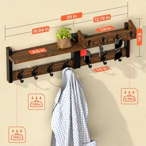 29'' Rustic Coat Rack Wall Mount with Shelf, Solid Wood Coat and Key ...