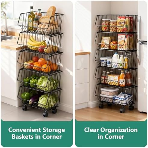 Wire Baskets Organization with Rollers for Kitchen and Home Storage, Vegetabl...