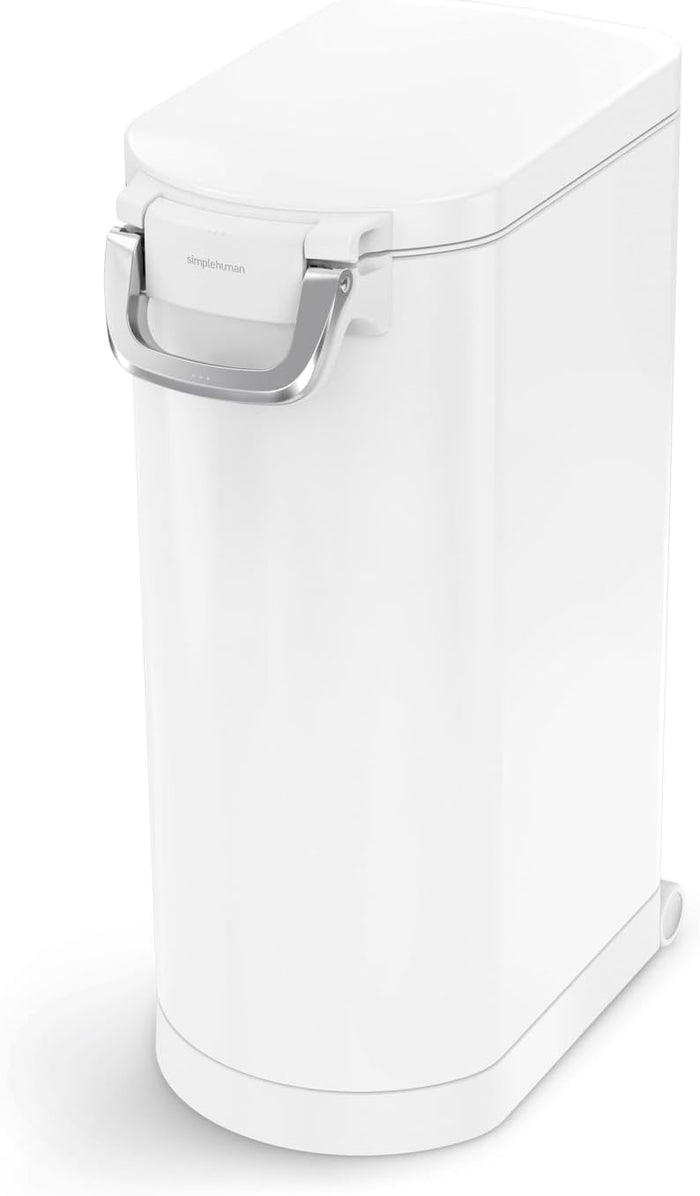 simplehuman X-Large Pet Food Storage Container, Holds 36-44 lb / 16-20 kg of Dry Dog Food, Cat Food, or Bird Seed, Airtight Lock-Tight Lid with Magnetic Scoop, BPA-Free, White Steel