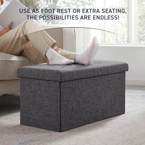 Ornavo Home 30 Inch Folding Storage Ottoman Bench, Tufted Linen, Dark Gray