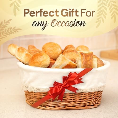 Large Wicker Bread Basket with Removable Linen Liner and Cover - Handmade Rat...