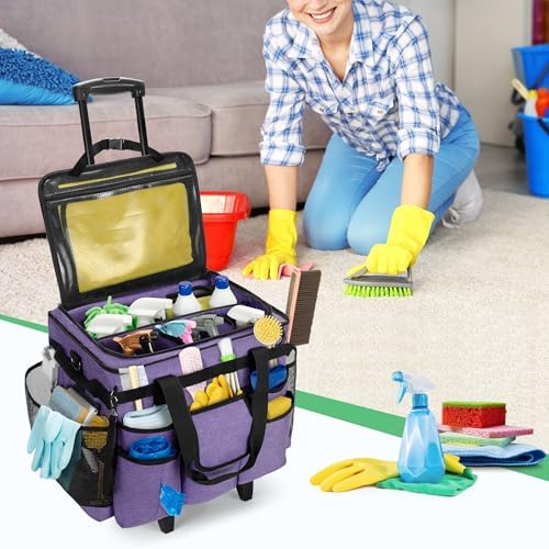 LoDrid Rolling Cleaning Caddy with Lid and Detachable Trolley, Purple