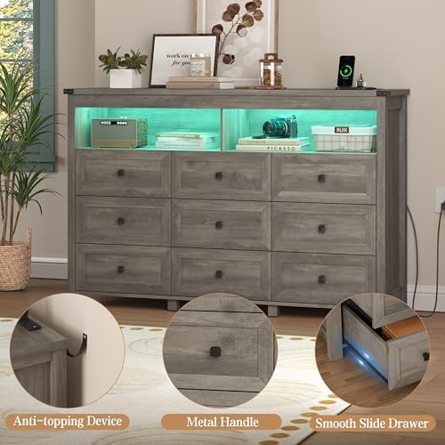Wodeer 9 Drawer Dresser for Bedroom with LED Lights, Charging Station, Wood C...