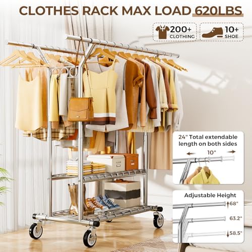 HYSEYY Heavy Duty Clothes Rack 620 LBS, Rolling Clothing Rack with Wheels