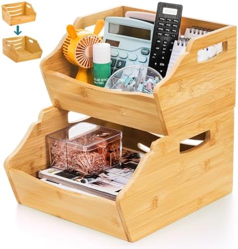 Cididu 2 Pack Bamboo Stackable Storage Bin, Countertop Open Front Stacking Bi...